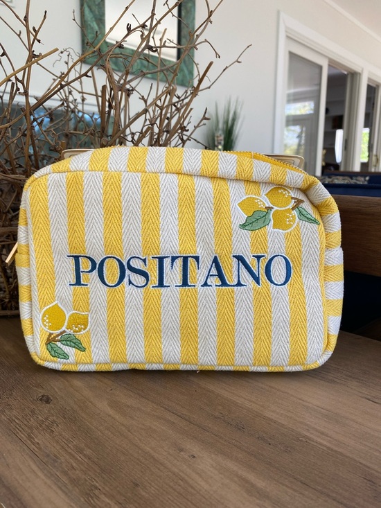 Gloss & Glo Handbags - Postitano Yellow Stripe Cosmetic Bag with Lemon Embroidery
